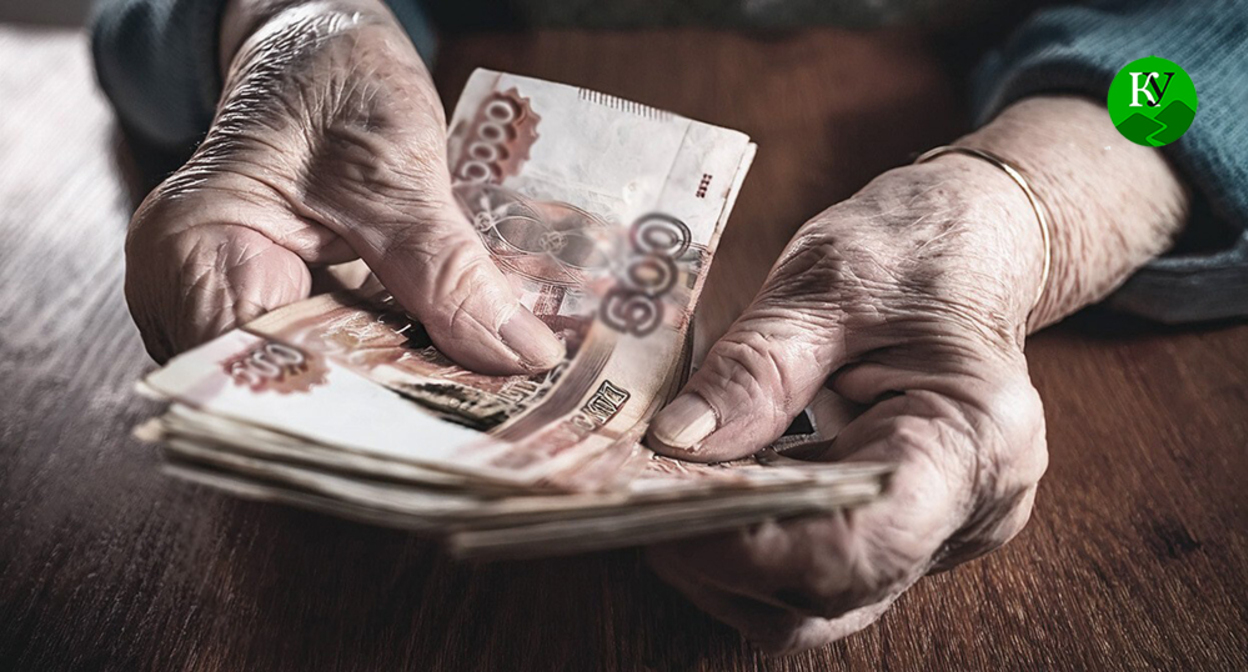 An elderly woman counts money. Illustration created by "Caucasian Knot" using AI in Photoshop.