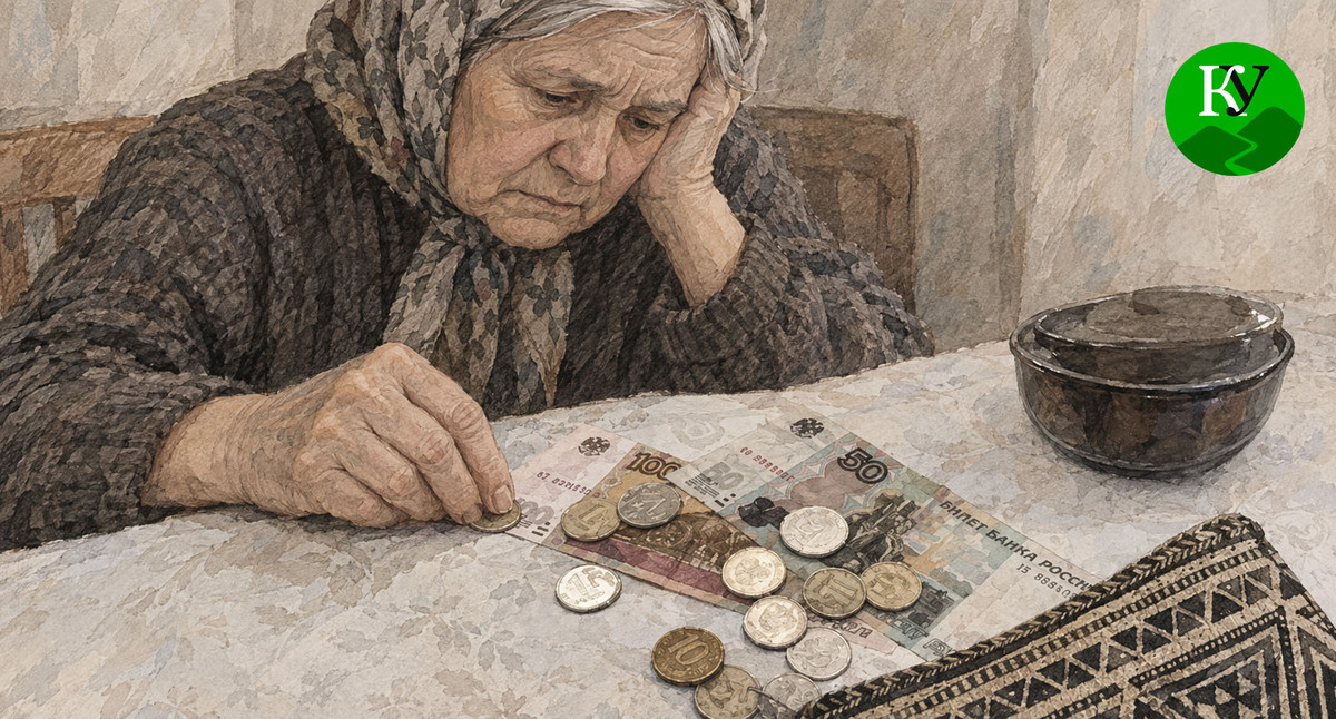 An elderly woman looks at money. Illustration created by "Caucasian Knot" using AI in the Copilot program.